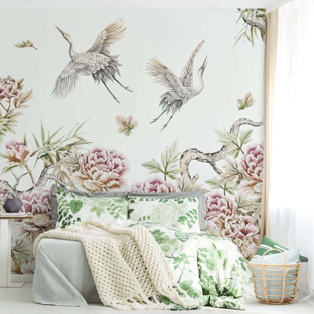 Wanddeko Schlafzimmer Aquarell Störche im Flug mit Rosen
