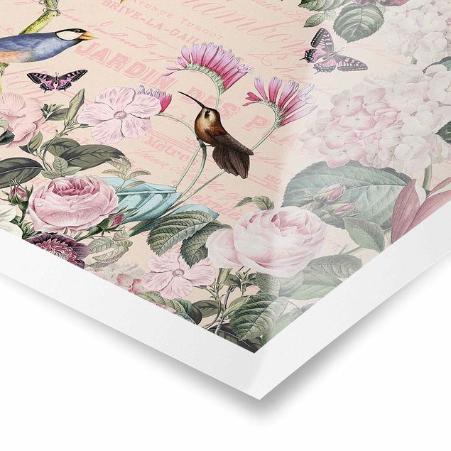 Wandbilder Schmetterlinge Vintage Collage - Rosen und Vögel