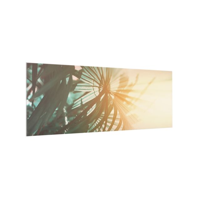 Wanddeko türkis Tropische Pflanzen Palmen bei Sonnenuntergang