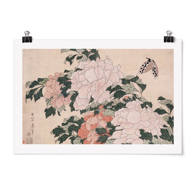 Wanddeko Esszimmer Katsushika Hokusai - Rosa Pfingstrosen mit Schmetterling