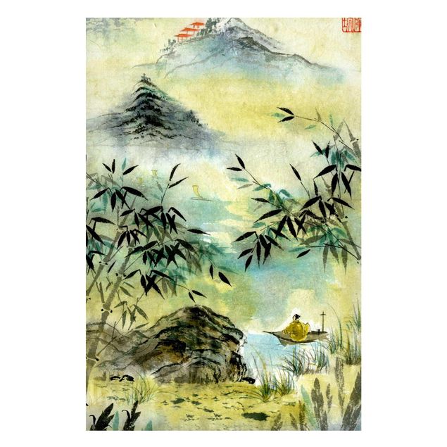 Wanddeko gelb Japanische Aquarell Zeichnung Bambuswald