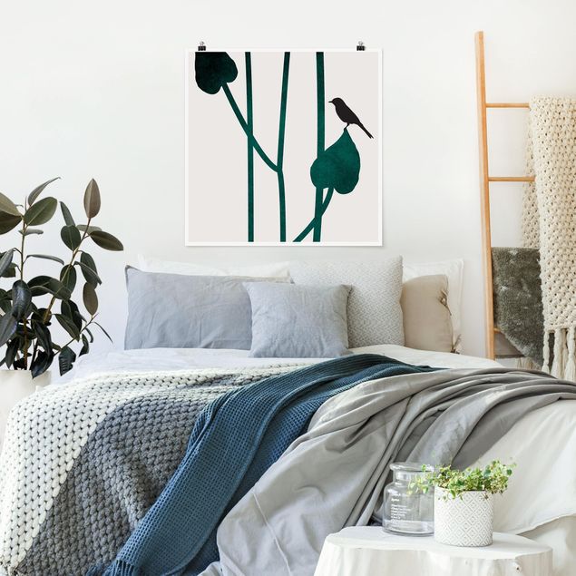 Wanddeko Schlafzimmer Grafische Pflanzenwelt - Vogel auf Blatt