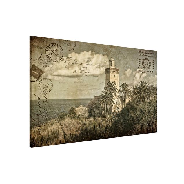 Wanddeko beige Leuchtturm und Palmen - Vintage Postkarte