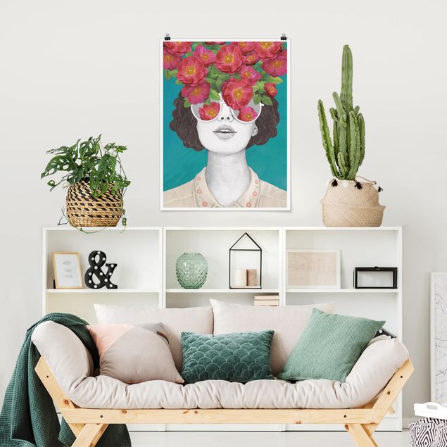 Wanddeko bunt Illustration Portrait Frau Collage mit Blumen Brille