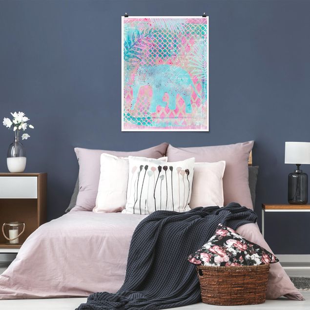 Wanddeko Schlafzimmer Bunte Collage - Elefant in Blau und Rosa