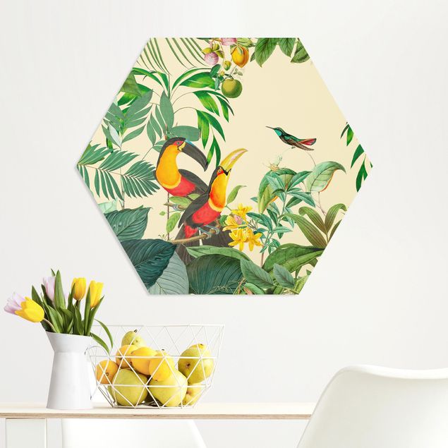 Wanddeko bunt Vintage Collage - Vögel im Dschungel