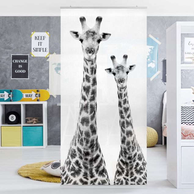 Wanddeko Schlafzimmer Portrait zweier Giraffen in Schwarz Weiß