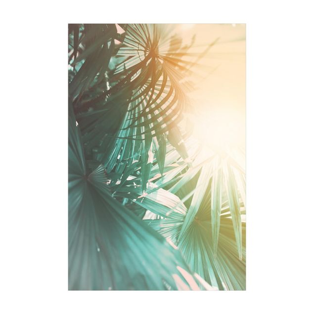 Wanddeko Treppenhaus Tropische Pflanzen Palmen bei Sonnenuntergang