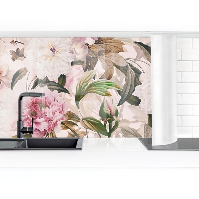 Küchenrückwand Folie Blumen Illustrierte Pfingstrosen in Rosa
