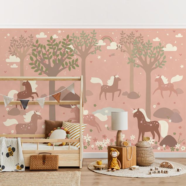 Wanddeko Büro Einhörner im rosa Wald