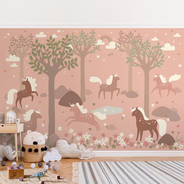 Wanddeko Mädchenzimmer Einhörner im rosa Wald