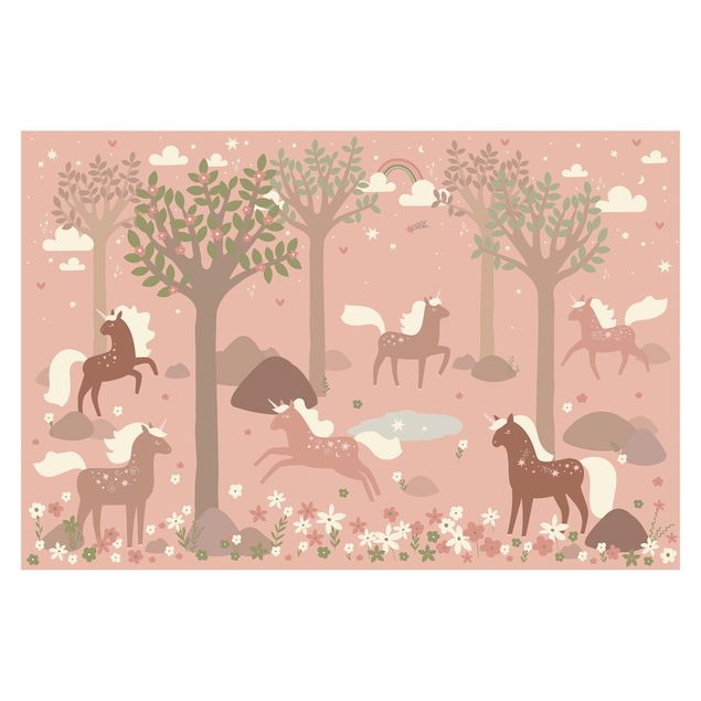 Tapete Sterne Einhörner im rosa Wald