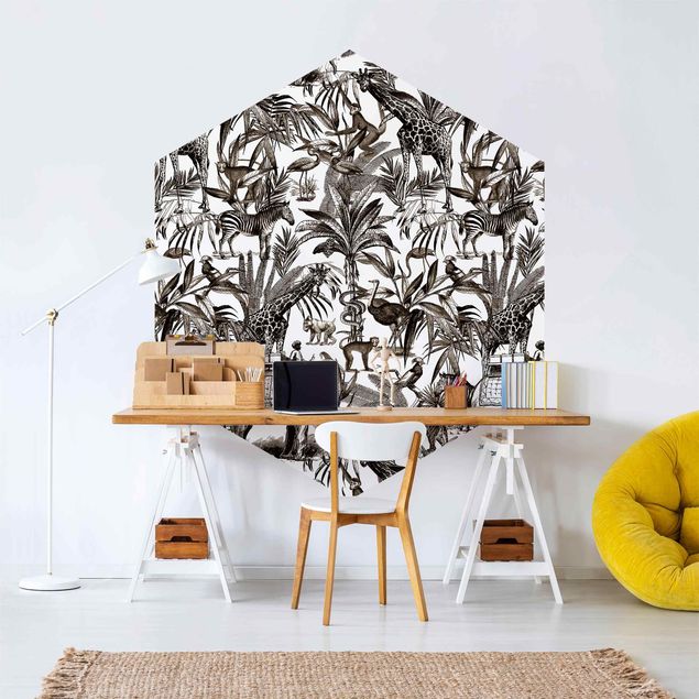 Wanddeko Schlafzimmer Elefanten Giraffen Zebras und Tiger Schwarz-Weiß mit Braunton