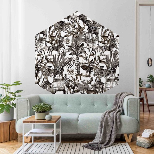 Wanddeko Flur Elefanten Giraffen Zebras und Tiger Schwarz-Weiß mit Braunton