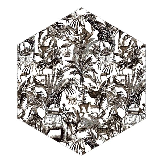 Wanddeko Esszimmer Elefanten Giraffen Zebras und Tiger Schwarz-Weiß mit Braunton