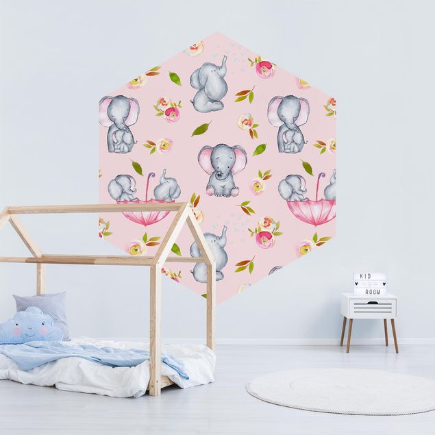 Wanddeko Babyzimmer Elefanten mit Blumen vor Rosa