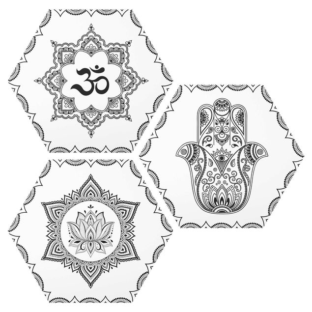 Wanddeko Flur Hamsa Hand Lotus OM Illustration Set Schwarz Weiß