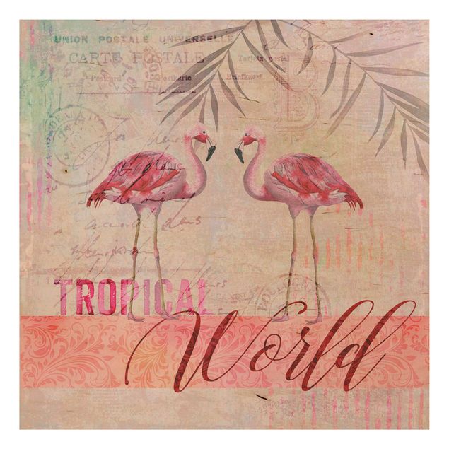 Wanddeko Flur Vintage Collage - Tropical World Flamingos