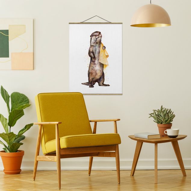 Wanddeko Wohnzimmer Illustration Otter mit Handtuch Malerei Weiß