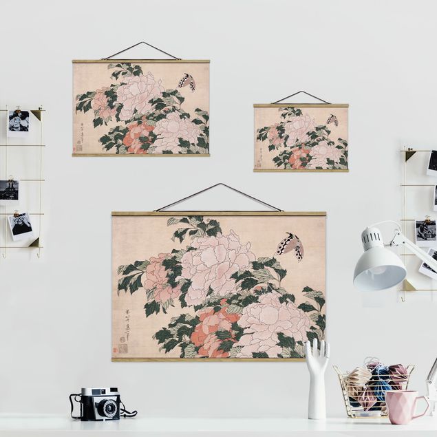 Wanddeko Büro Katsushika Hokusai - Rosa Pfingstrosen mit Schmetterling