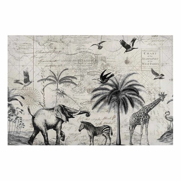 Wandbilder Giraffen Vintage Collage - Exotische Landkarte