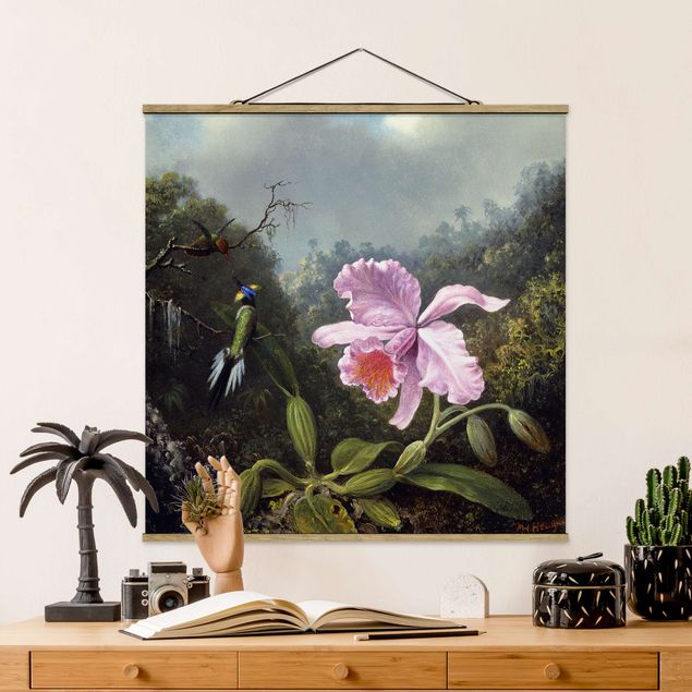 Wandbilder Orchideen Martin Johnson Heade - Stillleben mit Orchidee und zwei Kolibris