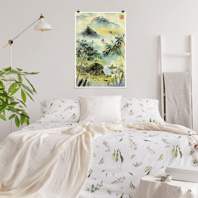 Wanddeko Schlafzimmer Japanische Aquarell Zeichnung Bambuswald