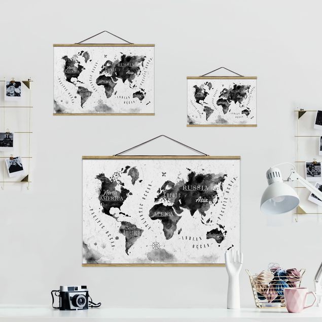 Wanddeko Jugendzimmer Weltkarte Aquarell schwarz