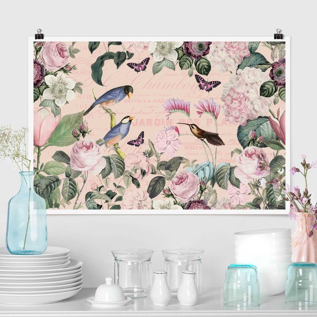 Wanddeko Schlafzimmer Vintage Collage - Rosen und Vögel