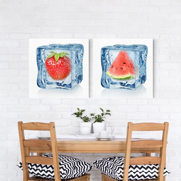 Wanddeko Botanik Erdbeere und Melone im Eiswürfel