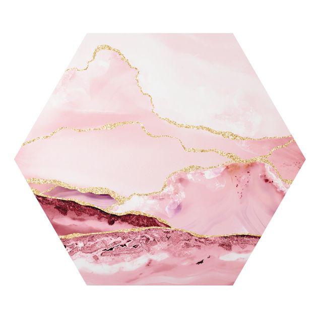 Wanddeko rosa Abstrakte Berge Rosa mit Goldenen Linien