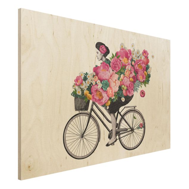 Wanddeko Schlafzimmer Illustration Frau auf Fahrrad Collage bunte Blumen