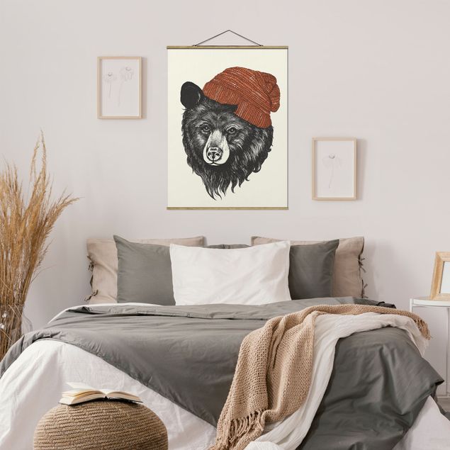 Wanddeko Wohnzimmer Illustration Bär mit roter Mütze Zeichnung