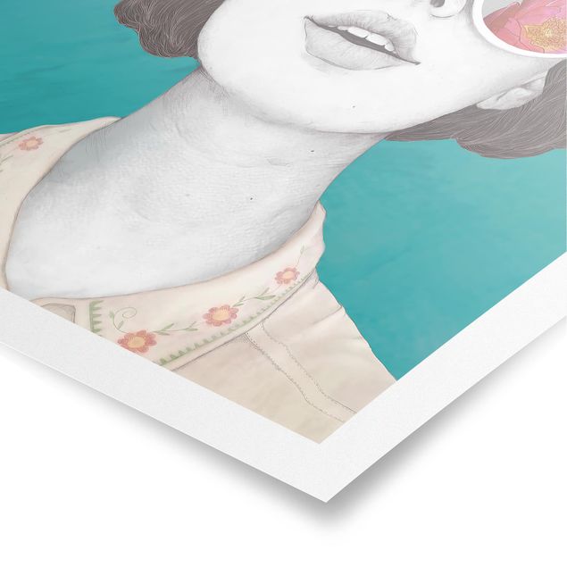 Wanddeko Büro Illustration Portrait Frau Collage mit Blumen Brille