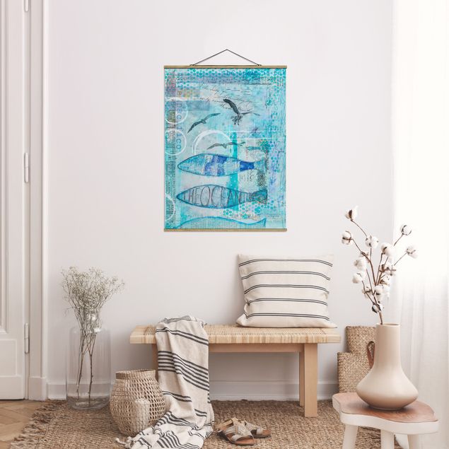 Wanddeko Wohnzimmer Bunte Collage - Blaue Fische