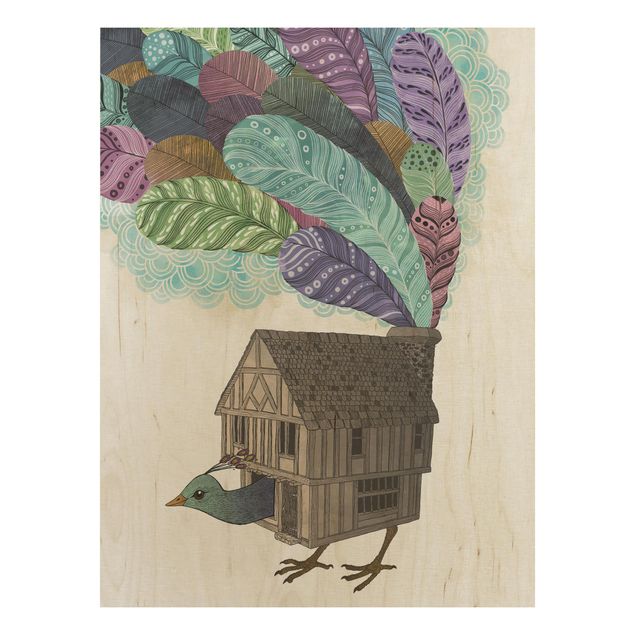 Wanddeko Esszimmer Illustration Vogel Haus mit Federn