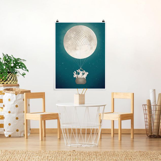 Wanddeko Esszimmer Illustration Hasen Mond-Heißluftballon Sternenhimmel