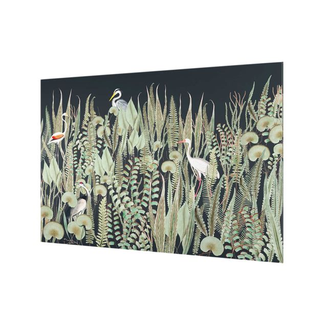 Wanddeko Illustration Flamingo und Storch mit Pflanzen auf Grün