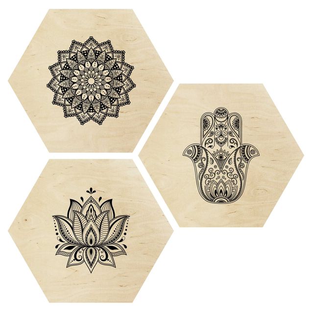 Wanddeko Büro Mandala Hamsa Hand Lotus Set auf Weiß