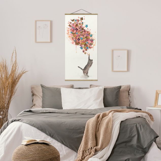 Wanddeko Wohnzimmer Illustration Katze mit bunten Schmetterlingen Malerei
