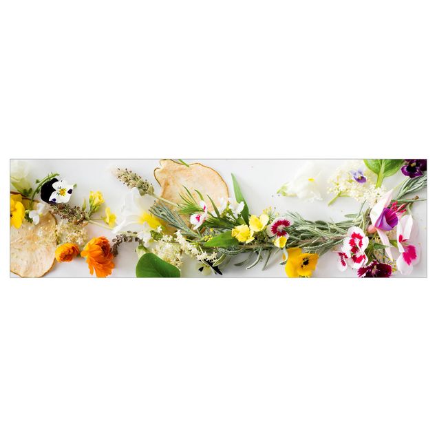 Küchenrückwand Folie Blumen Frische Kräuter mit Essblüten