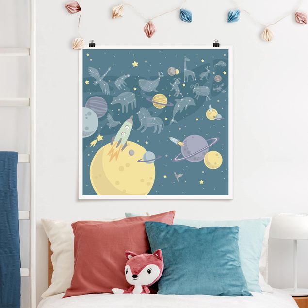 Wanddeko blau Planeten mit Sternzeichen und Raketen