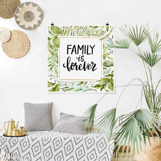 Wanddeko Flur Family is forever in goldenem Rahmen mit Palmenwedeln