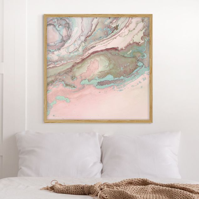 Wanddeko Wohnzimmer Farbexperimente Marmor Rose und Türkis