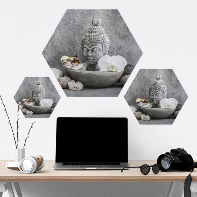 Wanddeko über Bett Zen Buddha, Orchideen und Steine