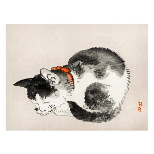 Wanddeko Esszimmer Asiatische Vintage Zeichnung Schlafende Katze