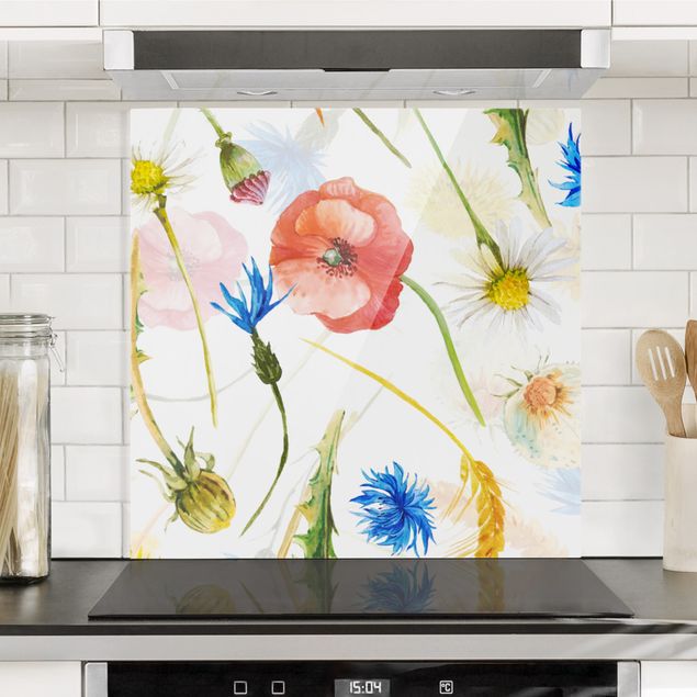 Wanddeko Küche Aquarellierte Feldblumen mit Mohn