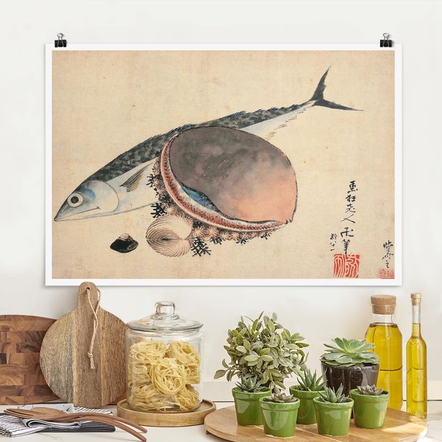 Wanddeko beige Katsushika Hokusai - Makrele und Seemuscheln