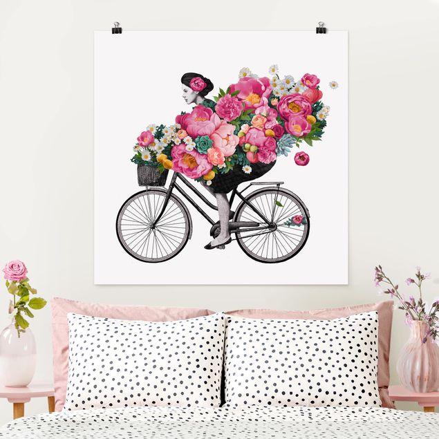 Küchen Deko Illustration Frau auf Fahrrad Collage bunte Blumen