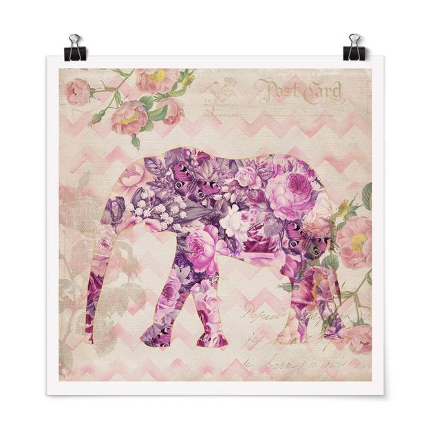 Wanddeko Flur Vintage Collage - Rosa Blüten Elefant